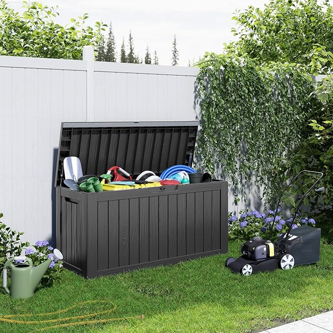 80 Gallon Resin Deck Box, Lockable Patio Outdoor Storage Box for Furniture, Garden Tools and Tools Storage, Waterproof Outside Storage Box - Black