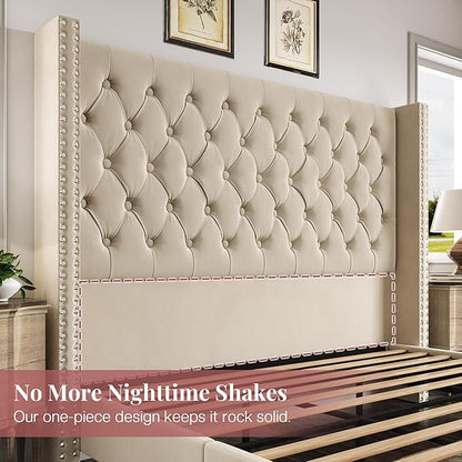 PaPaJet Queen Size Bed Frame with 61.4" Tall Headboard, Velvet Modern Upholstered Tufted Bed for Adults, Handmade Deep Button Tufting, Solid Wood Legs, No Box Spring Required, Cream