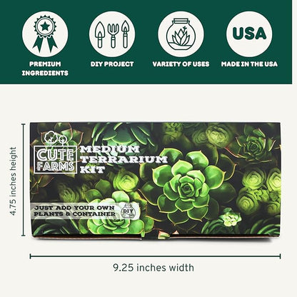 Cute Farms Terrarium Starter Kit | Moss, Vermiculite, Soil, Pebbles, Plant Food, Finishing Tools, Build and Care Guide | DIY Succulent Terrarium for Adults and Kids (Medium)
