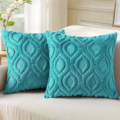 decorUhome Fall Throw Pillow Covers 16x16 Inch Set of 2, Soft Plush Decorative Faux Fur Turquoise Solid Couch Pillow Covers, Accent Farmhouse Neutral Square Euro Pillow Cases for Sofa Bed Living Room