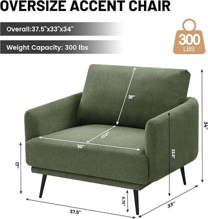 Oversized Accent Chair for Living Room Chairs Reading Arm Chair Comfy Modern Single Sofa Side Chairs with Metal Legs & Soft Cushion for Bedroom, Balcony,Waiting Room (Polyester, Moss Green)