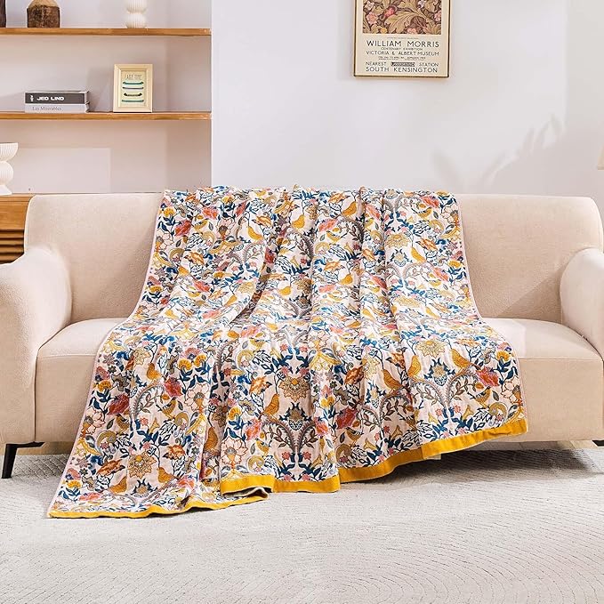 Boho Blanket Throw Quilt, 100% Cotton Soft Light Weight Throw Blankets for Summer, 80"x90" Farmhouse Flower Decorative Blankets, All Season Rustic Reversible Bohemian Throw Quilt