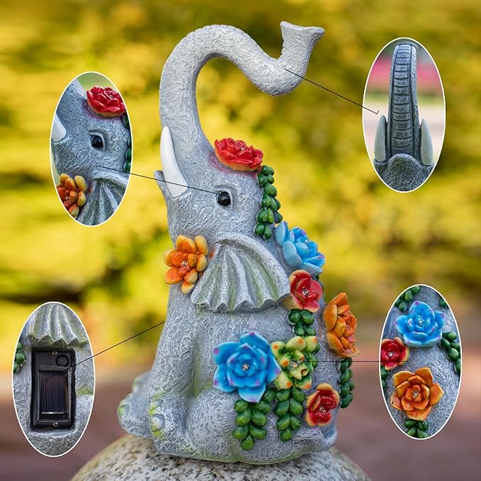 Elephant Garden Statue Solar Lamp with 8 Led Lights Decor Outdoor Resin Waterproof Sculpture Patio Lawn Yard Porch Decorations Housewarming Gifts for Women Mom Grandma