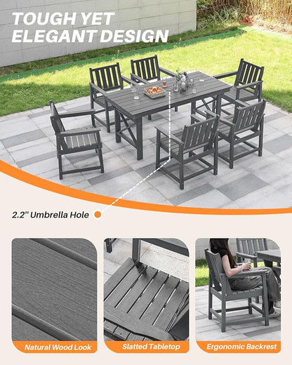 7 Pieces HDPE Outdoor Dining Set, Patio Dining Set with Umbrella Hole, All Weather Outdoor Dining Table Sets for 6, HDPE Patio Furniture Sets for Deck, Backyard, Lawn, and Poolside, Smoke Gray