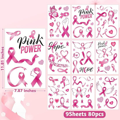 9 Sheets Breast Cancer Awareness Window Clings, 77 Kinds of Pink Window PVC Stickers for Pink Ribbon Decorations, Hope Fight Cancer Theme Windows Decals for Glass Home Decor Supplies