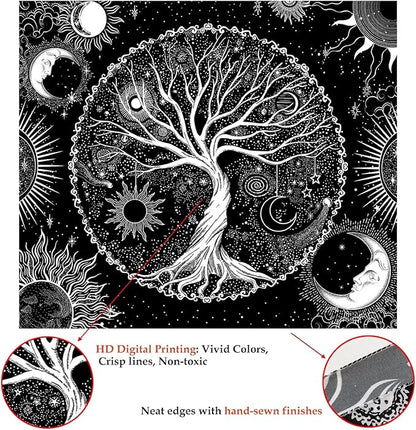 AACKart Tree of Life Tapestry for Bedroom Aesthetic Room Decor-Black and White Spiritual Tree Tapestry Wall Hanging with Sun Moon Star 59.1 x 51.2 inches