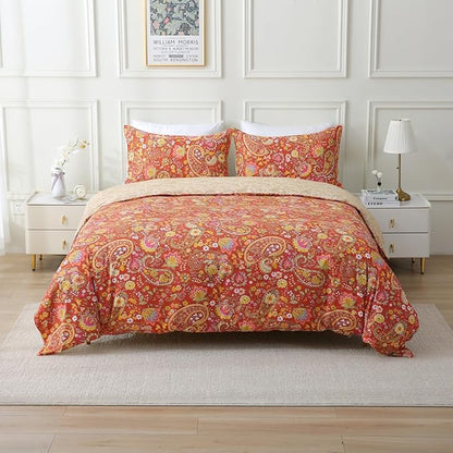 ABREEZE Paisley Bedding Sets 3Pcs Brushed Cotton Duvet Cover Set Queen Size Rustic Damask Red Floral Comforter Cover with Zipper Closure Boho Bedding Collections