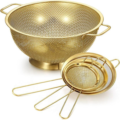 Norme 7 Quart Stainless Steel Gold Colander and 3 Pcs Gold Fine Mesh Strainer, Stainless Steel Pasta Rice Food Metal Strainer with Handles, Easy Clean and Dishwasher Safe