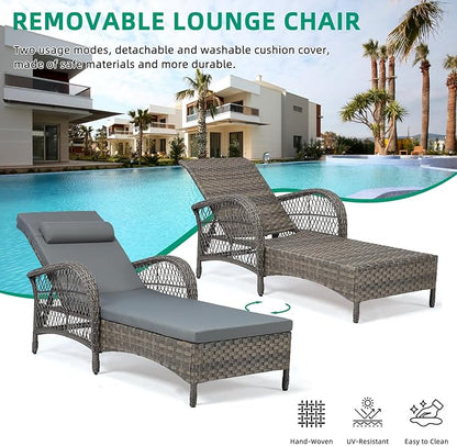 VIVIJASON Outdoor Wicker Chaise Lounge Chair Set of 2, All-Weather PE Rattan Cushioned Patio Lounger Chairs, 6-Position Adjustable Outside Pool Sunbathing Recliner with Armrest & Pillow, Gray