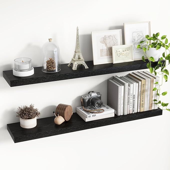 40 Inch Floating Shelves, 8 Inch Deep Floating Shelves for Wall, Hanging Shelf with Invisible Brackets, Deep Shelves for Bathroom, Bedroom, Living Room, Black, Set of 2