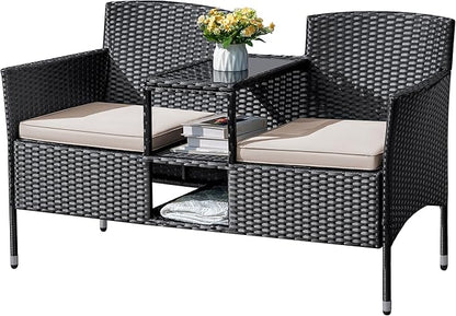 Flamaker Outdoor Furniture Patio Loveseat Wicker 2-Seat with Built-in Table and Cushions Rattan Porch Chairs Bench for Balcony, Lawn, Backyard (Beige)