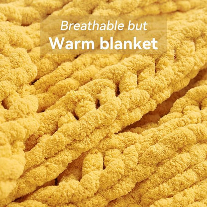 Chunky Knit Throw Blanket, 50''*60'' Knitted Throw Chenille Yarn for Bed Couch, Handmade Yellow Crochet Big Thick Blanket, Machine Washable Cute Comfy Blanket for Home Decor