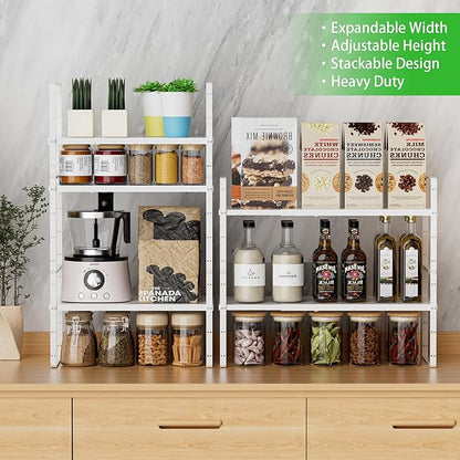 Expandable Cabinet Storage Shelf Stackable Organizer Rack for Kitchen Bathroom Pantry Spice Cupboard Countertop Home Office Desk Heavy Duty Nonslip White Large 2 PACK