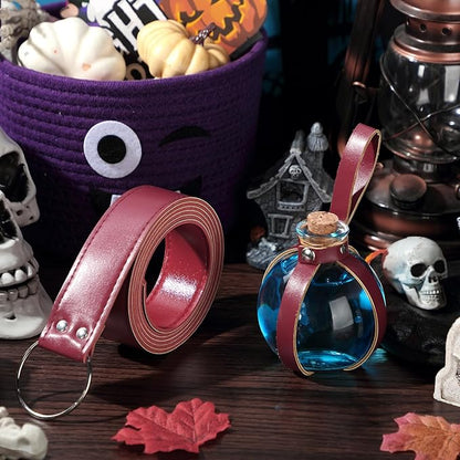 Boao Potion Bottles with Cork Set Dark Magic Cork Round Potion Bottle with Leather Belt Clear Glass Large for Halloween Costume Props DIY Crafts Decorative, 200 ml(Claret)