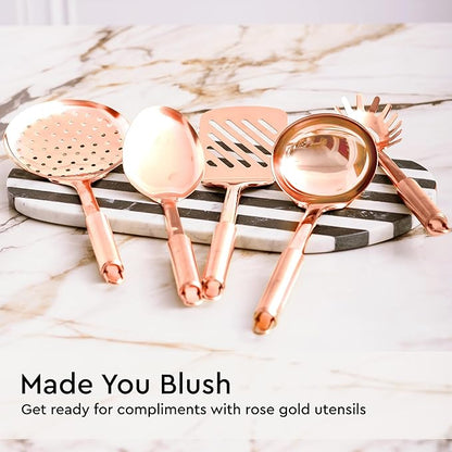 Copper Cooking Utensils Set – 5-Piece Rose Gold Stainless Steel Kitchen Tools for Cooking and Serving Includes Ladle, Spoon, Pasta Fork, Spatula, and Skimmer – Stylish Copper Kitchen Accessories