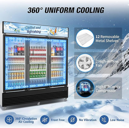 Commercial Beverage Refrigerator, 75" W 60 Cu. Ft. Commercial Drink Fridge, Display Refrigerator with 3 Glass Door, Commercial Display Fridge with 12 Adjustable Shelves, for Shop, Restaurant, Bar