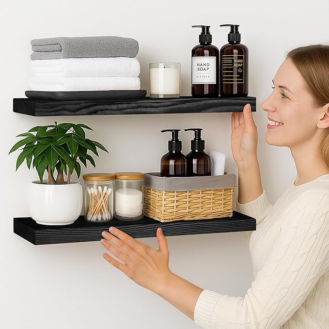 BGMG Wood Floating Shelves for Wall 30 inch Set of 2,Black Floating Shelves,Solid Wood Wall Mount Shelves for Bathroom Living Room Bedroom Kitchen Farmhouse -30x 6.7 x1.25 inch