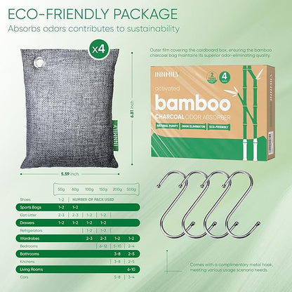 Activated Charcoal Odor Absorber, Odor Eliminator for Strong Odor,Bamboo Charcoal Air Purifying Bags for Home Car Closet Pet, Smoke Room Deodorizer (4 x 200g, Unscented)