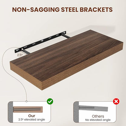 Wide Floating Shelves for Wall 12 Inch Deep, 48" X 12" X 2" Floating Shelf, 2 Inch Thick Shelf for Bathroom Bedroom Kitchen Book Room, Heavy Duty 75lbs Shelves for Farmhouse Decor Set of 2, Walnut