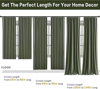 102 Inch Long Linen Blended Blackout Curtains 2 Panels, Back Tab Pleated Look Drapes for Track System with Hooks, Noise Reducing Country Blackout Winodw Curtains 50x102-Loden/Olive Green