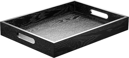 Wood Serving Tray with Handles, Home Decorative Wooden Rectangle Ottoman Decor Platter Vanity Tray for Breakfast Dinner Drinks Kitchen Dining Living Bathroom Restaurants Black