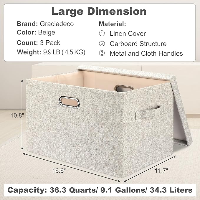 Large 17" 36 Quart Collapsible Stackable Storage Bins with Lids, 3 Packs Beige Linen Fabric Closet Boxes with Lids, Storage Cube Baskets Container Organizers for Bedroom Office(17 x12 x11)