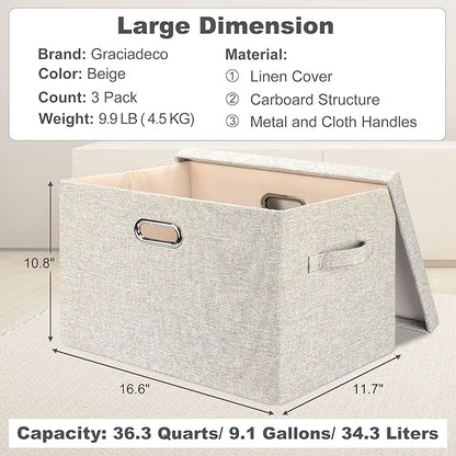 Large 17" 36 Quart Collapsible Stackable Storage Bins with Lids, 3 Packs Beige Linen Fabric Closet Boxes with Lids, Storage Cube Baskets Container Organizers for Bedroom Office(17 x12 x11)