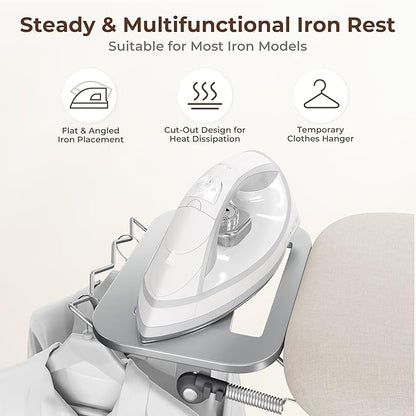 Yaheetech Ironing Board, Compact Iron Board with Cord Holder, Steam Iron Rest and Bottom Storage Tray, 9 Adjustable Heights & 3 Layer Cover, Folding Heavy Duty Ironing Board 52X14, Beige