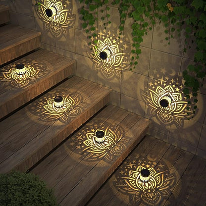 4 Pack Solar Fence Lights Metal Solar Powered Outdoor Wall Deck Lights Lotus Theme Waterproof Fence Light for Garden Post Patio Backyard Yard Decor (Lotus, 4 Pack)
