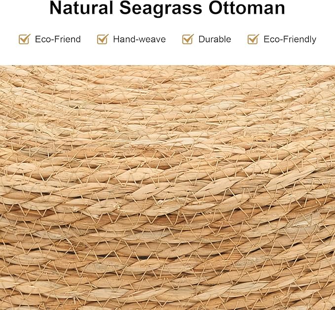 Pouf Ottomans, Handwoven Natural Straw Footstool, Round Braided Outdoor Patio Stool with Wood Frame, Boho Decor Accent Seat Balcony, or Garden (Blue)