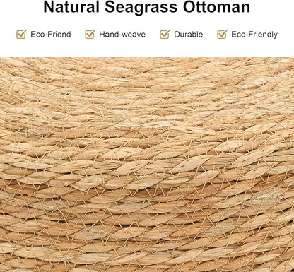 Pouf Ottomans, Handwoven Natural Straw Footstool, Round Braided Outdoor Patio Stool with Wood Frame, Boho Decor Accent Seat Balcony, or Garden (Blue)
