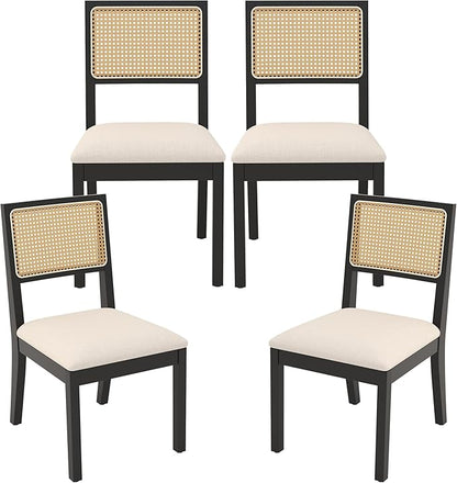 Westice Rattan Dining Chairs Set of 4, Farmhouse Natural Dining Room Chairs with Upholstered Cushion, Wood Armless Chairs for Kitchen/Restaurant, Black