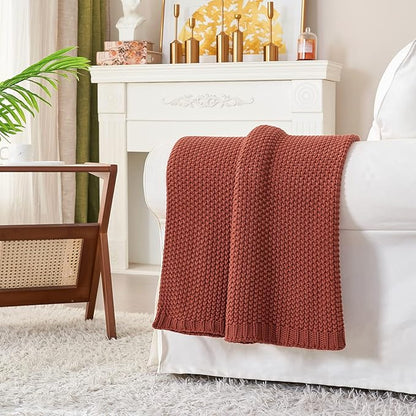 Longhui bedding Chunky Cable Knit Throw Blanket Lightweight Rust 100% Organic Cotton Blanket for Sofa Couch Bed Baby Nursery, Rustic Shabby Chic Modern Farmhouse, 60” x 80” Give Laundering Bag