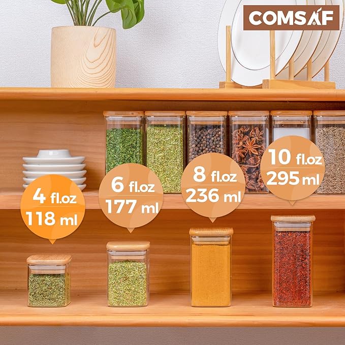ComSaf 12Pcs Glass Spice Jars with Bamboo Lid, 4oz Airtight Square Spice Containers with 275 Black Lables, Empty Seasoning Jars for Spice Salt Sugar