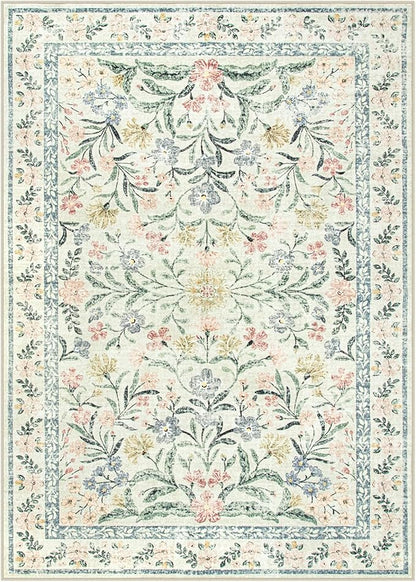 Wonnitar Washable Area Rugs 5x7, Soft Floral Bedroom Area Rug, Washable Carpet 5x7 Non Slip, Boho Flower Print Beige Carpets for Living Room Bedside Dining Room