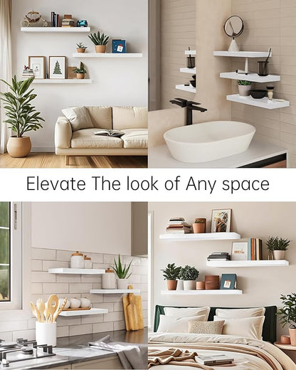 BAYKA Floating Shelves for Wall, 22.5 inches Wall Mounted Rustic Wood Shelves for Bathroom, Bedroom, Living Room, Floating Shelves for Books/Storage/Decor (White,Set of 3)
