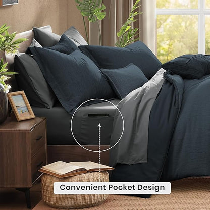 Monbix Queen Comforter Set - 7 Pieces Cationic Dyeing Navy Blue Bed in a Bag Queen Bedding Sets with Comforter, Sheets, Pillowcases & Shams, Reversible Bedding Comforters Sets