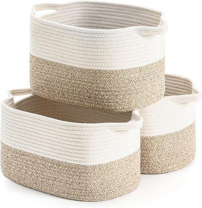 Cotton Rope Woven Storage Basket, Used for Baby Hamper Toy Organizer, Gift Baskets Empty,Kids Laundry Basket,Baby Blanket Basket. Size 15x10x8.7 Inches. (White&Brown-3PCS)