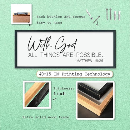 LuZhiQiang With God All Things Are Possible Wall Decor 40"×15" Matthew 19:26 sign Bible Verse Scripture for Living Room Large Wood Framed Wall Hanging Art (Black)