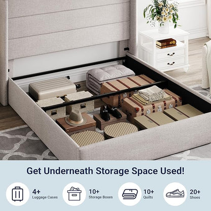 Allewie Full Size Lift Up Storage Bed, Modern Wingback Headboard, Hydraulic Support, No Box Spring Needed, Light Beige