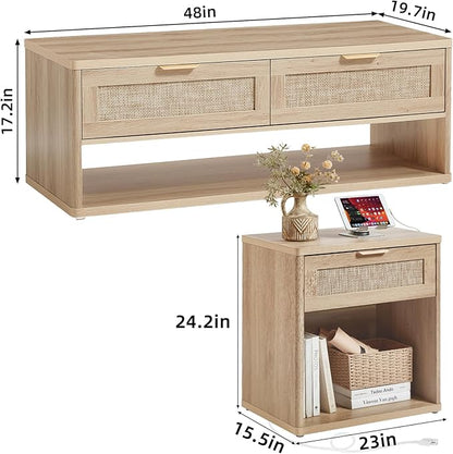 LEYAOYAO Boho Rattan Coffee Table Sets 3 Pieces, Nightstand with Charging Station and Coffee Table with Hidden Storage Compartment, Natural Living Room Table Set, Wood Furniture Sets for Home Office