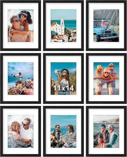 Vittanly 11x14 Picture Frames Set of 9, Shatter Resistant Plexiglass, Display 8x10 Pictures with Mat or 11x14 without Mat, Photo Frames for Wall or Tabletop, Engineered Wood, Black