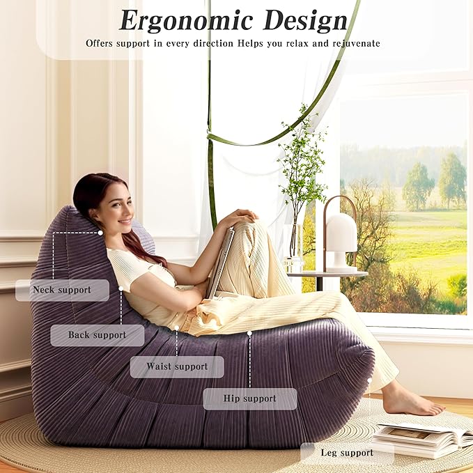 Bean Bag Chair, Lazy Floor Sofa Couch for Adults and Kids, Fireside Chair with Ergonomic Design, Memory Foam Lounge Chair for Living Room Bedroom, Office, Grey