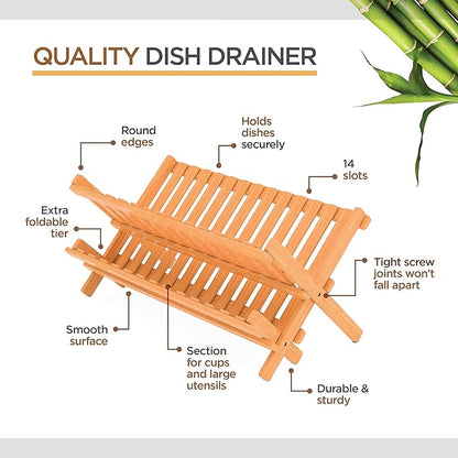 BAMBUSI Dish Drying Rack - Collapsible 2-Tier Bamboo Dish Rack for Kitchen Counter, Wooden Dish Drainer with Foldable Space-Saving Design - Drying Rack for Dishes, Plates, and Cups - Housewarming Gift