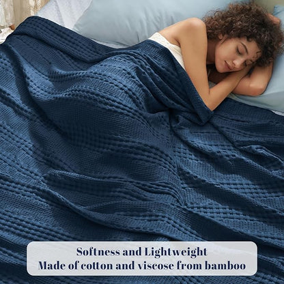 PHF Cooling Waffle Blanket King Size, Lightweight 60% Rayon Derived from Bamboo & 40% Cotton Breathable Blanket for Hot Sleepers, Soft and Luxury for Bed Couch and Sofa, 104"x90", Navy Blue