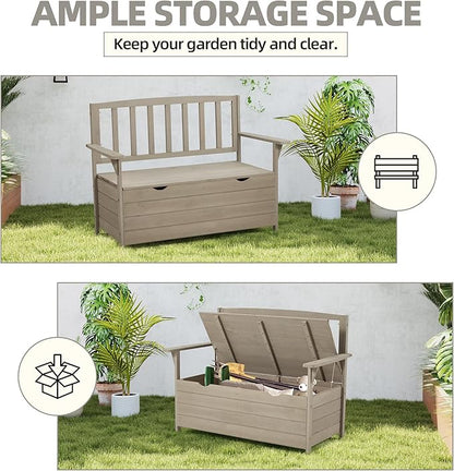 AVAWING Outdoor Storage Bench, Wooden Garden Bench Weatherproof, Patio Benches for Outside, 2-Seat Front Porch Bench, Park Bench for Deck, Lawn, Backyard (Light Gray)