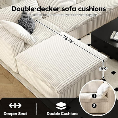 118" Cloud Couch Oversized Modular Sectional Sofa for Living Room,Modern Sofa with Deep Seat，V Shaped Boneless Couch,Comfy Upholstered Corduroy Couches for Apartment, Studio, Office,Bedroom，White
