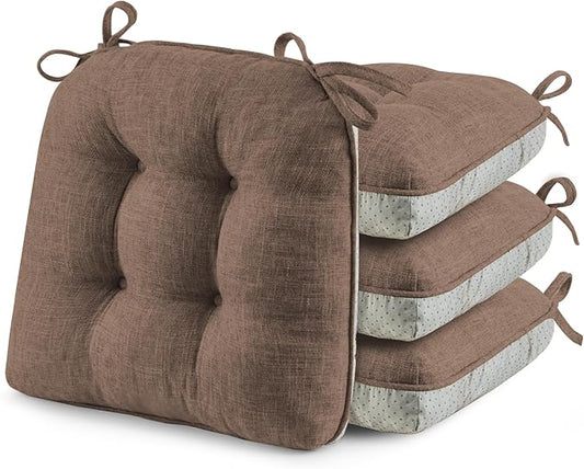 puredown® Chair Cushions for Dining Chairs, Tufted Memory Foam Chair Pads with Non-Slip Backing, Kitchen Seat Cushions with Ties, Washable Seat Pad Set of 4, 15.5" x 15.5" x 4", Coffee