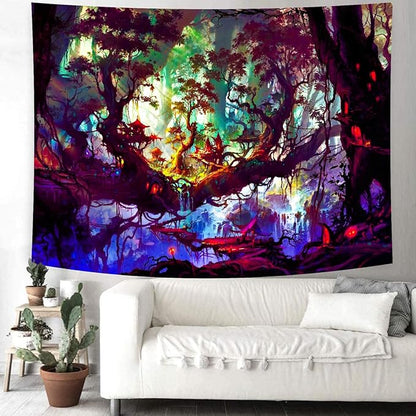 Delur Fantasy Forest Tapestry Mystical Landscape Magical Enchanted Forest Tree Nature Tapestry Psychedelic Wall Hanging Headboard for Bedroom Living Room Home Decor (51.2" x 59.1")