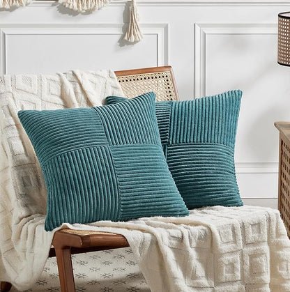 Fancy Homi 2 Packs Teal Euro Decorative Throw Pillow Covers 28x28 Inch for Couch Bed Sofa, Rustic Farmhouse Boho Home Decor, Soft Corss Corduroy Patchwork Textured Square Cushion Case 71x71 cm